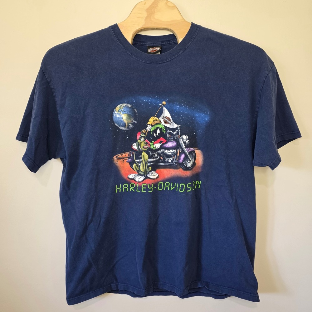 Harley-Davidson T-Shirt Mens 2XL Navy Blue Marvin Martian Looney Tunes Biker Tee